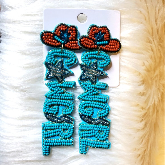 NEW Western Turquoise Cowgirl Beaded Shimmer Hat Earrings Star detail - Picture 3 of 8
